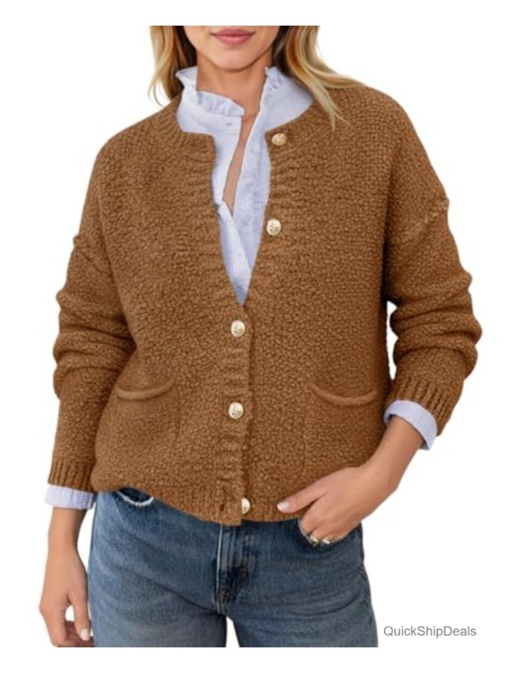 Chunky Knit Cardigan Button Down Cropped Sweater with Pockets
